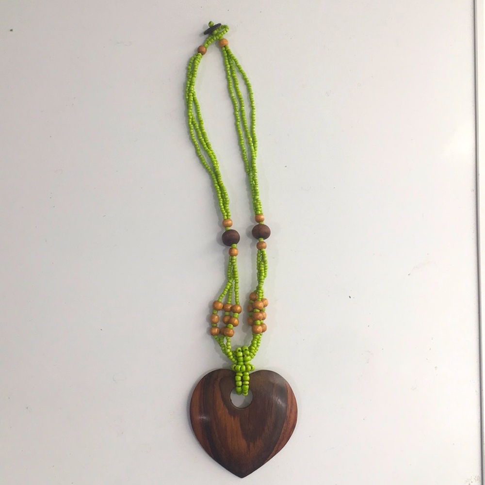 Lime green and wooden heart necklace